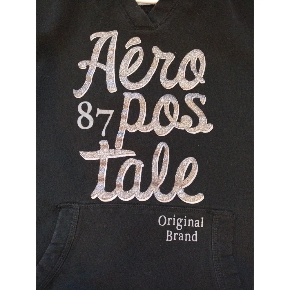 Aeropostale Hooded Sweatshirt Kid XL‎ Black Silver Glitter Logo Pullover Junior